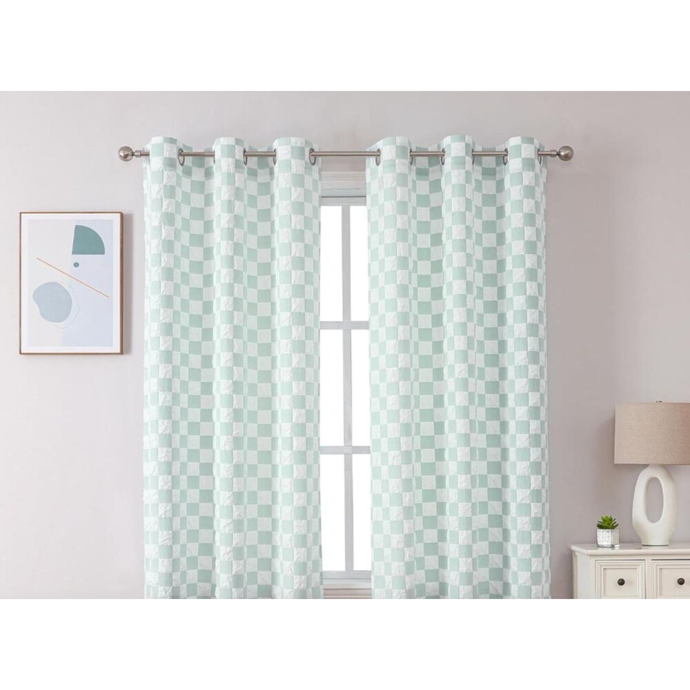 2 Panel White & Green Checkered Light Filtering 3D Embossed Curtains Semi Privat